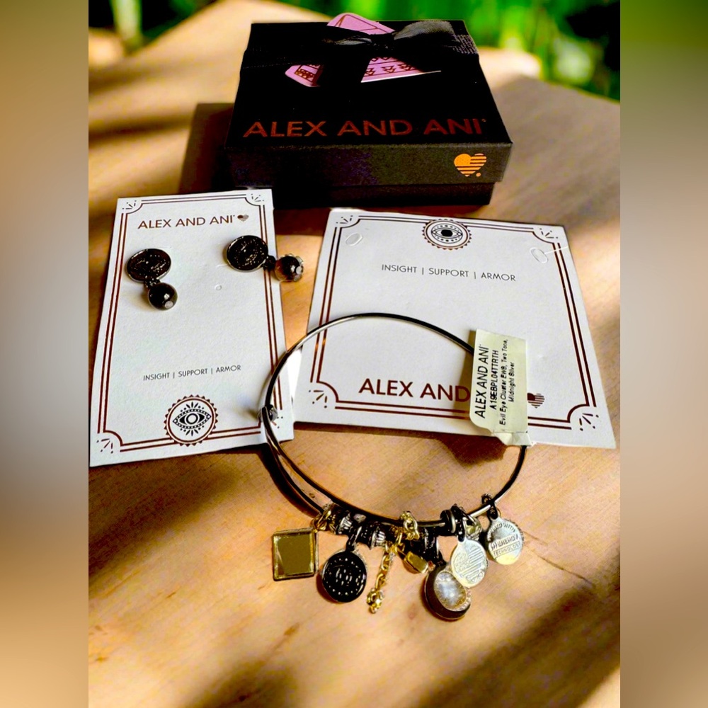 Alex and Ani Evil Eye Cluster with Matching Tiger Eye Drop Earrings Set